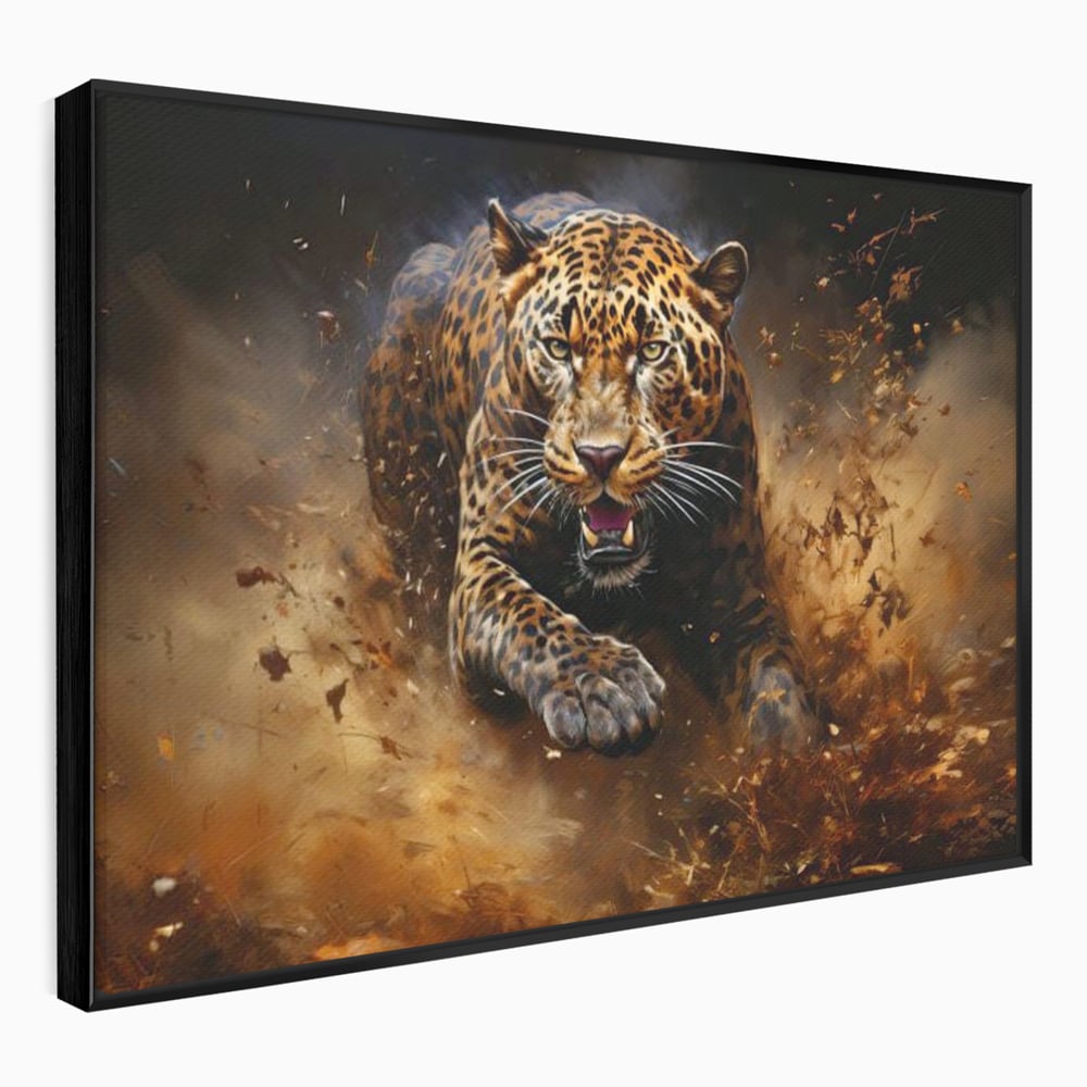 Tablou canvas cu tablou canvas cu leopard in alergare, in rama de aluminiu negru